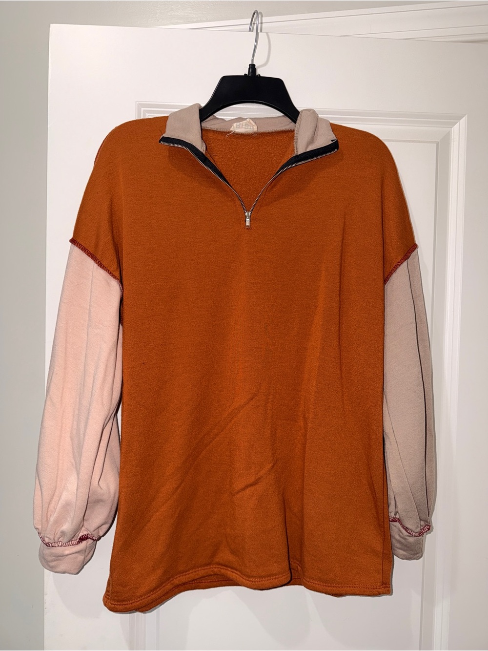 Quarter-Zip Pullover Sweater - Rust with Pink and Beige Sleeves